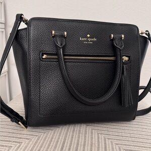 Kate Spade New York Black Pebbled Leather Satchel Crossbody Bag Tassel